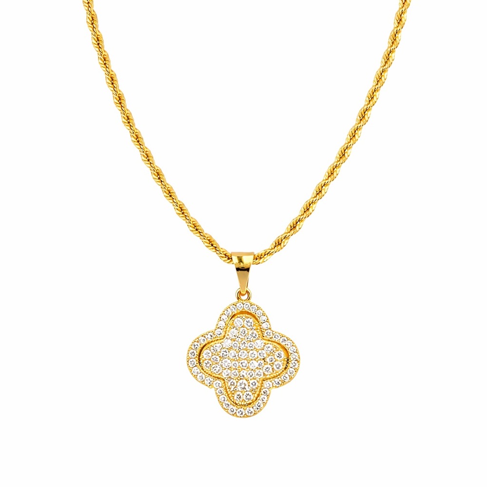 18K Gold Plated Diamond Cut Rope Chain CZ Clover Pendant Necklace 17.5” Gift